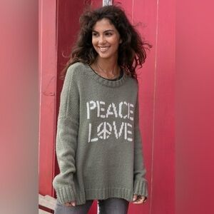 WOODEN SHIPS Wool Blend Peace Love Sweater Olive Green S/M